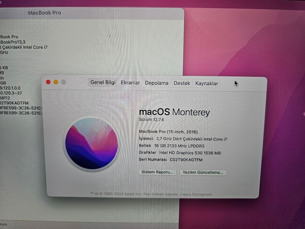 MACBOOK PRO + İ7 İŞLEMCİ + 16 GB RAM + 500 GB SSD + 15 İNÇ - 8