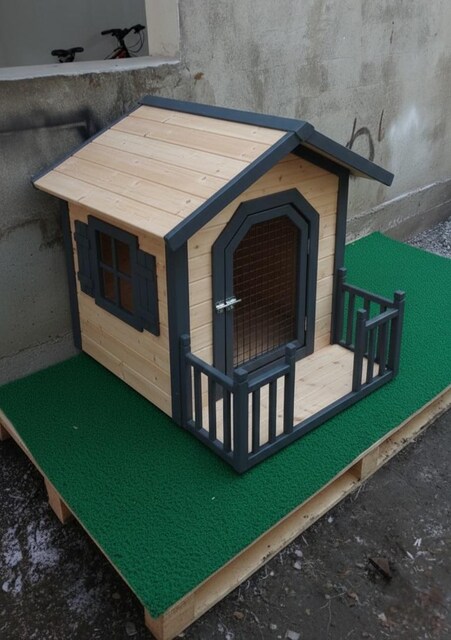 Ahşap kilitli kapılı köpek kulübesi