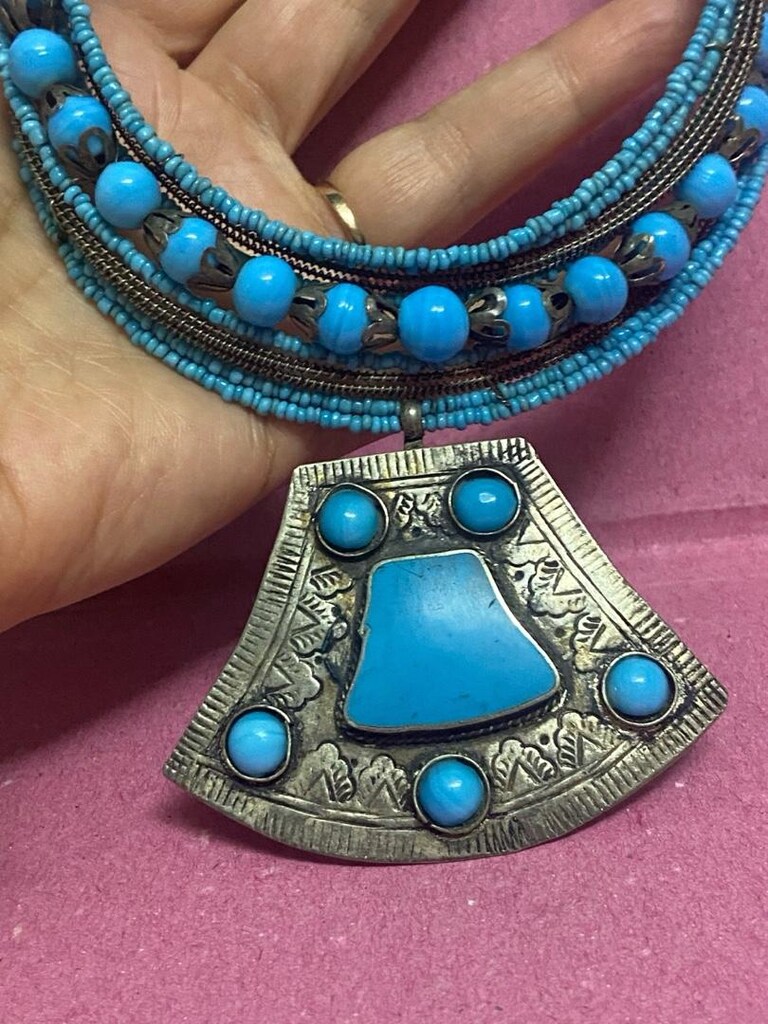 Vintage El İşçiliği Mavi Cam Boncuklu Choker ( Tasma ) Kolye - 8