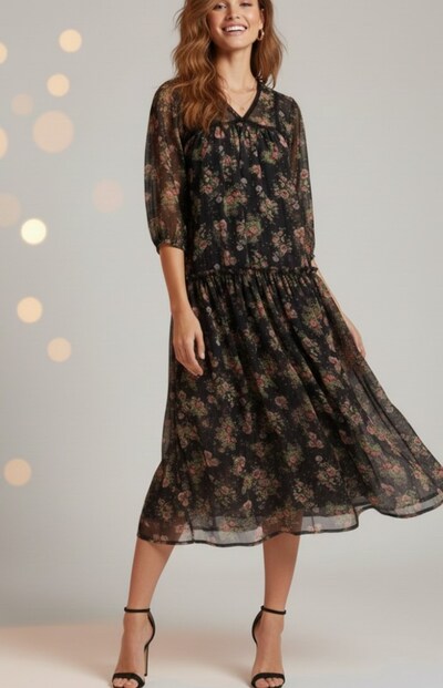 ŞİFON TÜL ÇİÇEKLİ MİDİ ELBİSE S str hm zara mango İpekyol
