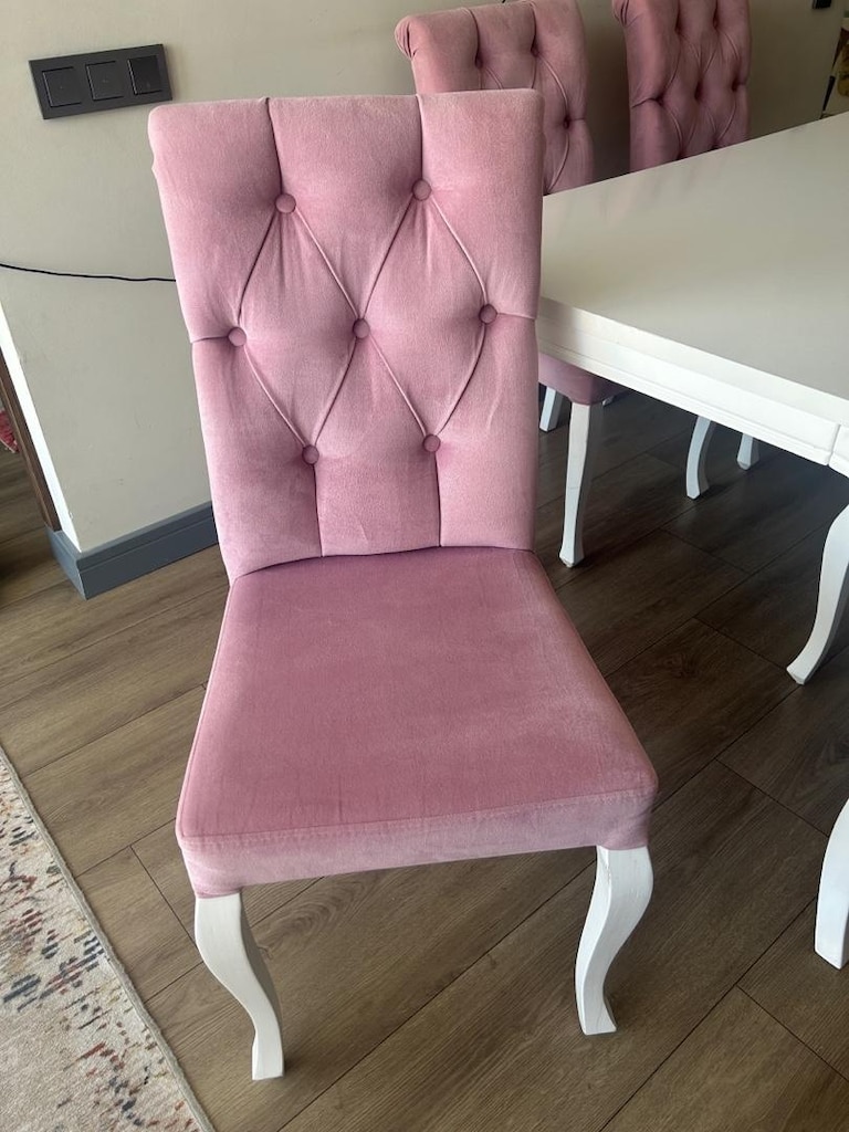 Kapitone Pembe Kadife & Parlak Beyaz Yemek Masası Seti - 3