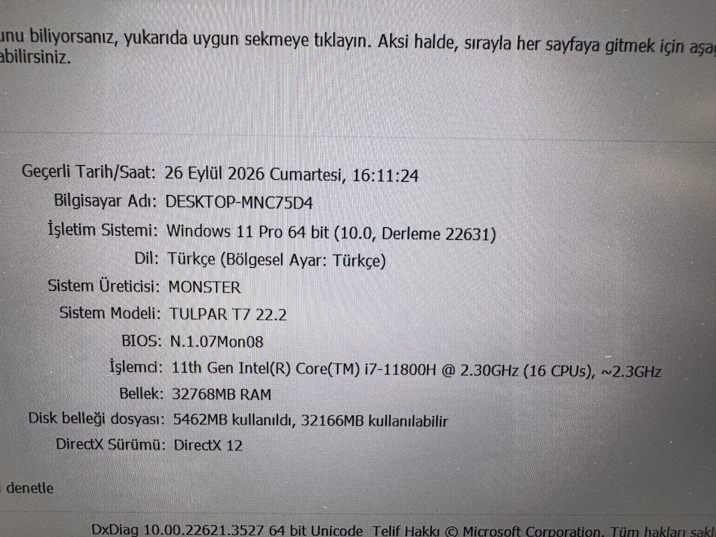 MONSTER TULPAR İ7 11. NESİL 32 GB RAM 1 TB NVME RTX 3060 - 6