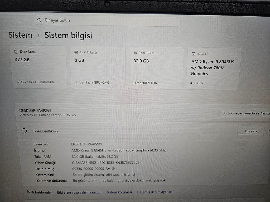 HP VİCTUS +RYZEN 9 8945HS + RTX 4060 8 GB + 32 GB RAM+ GARANTİLİ - 6