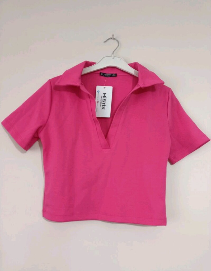 V Yakalı Fuşya Renk Kısa Crop Bluz - 2
