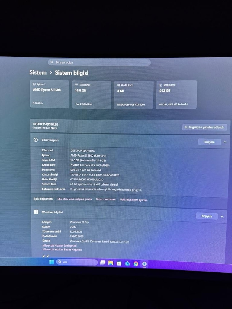Temiz Oyuncu Bilgisayarı 40608GB-AMD RYZEN 5 5500- 16GB RAM - 3