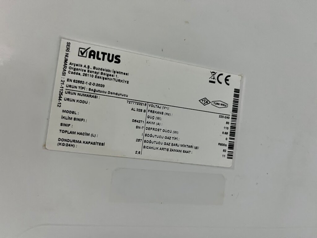 ALTUS AL 328 B 267 L BUZDOLABI | ÜSTTEN DONDURUCU | BEYAZ - 5