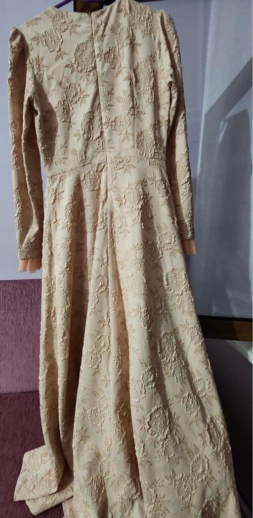 Bej Nakışlı Uzun Kollu Vintage Elbise — görsel 8/11