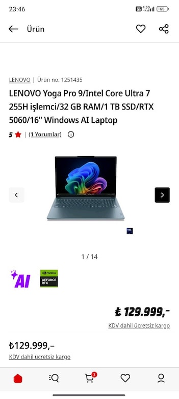 Lenovo Yoga Pro 9 / OLED Ekran / Core Ultra 7 / RTX 5060 / 32GB RAM / - 8