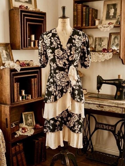 %100 ipek Fransız vintage elbise