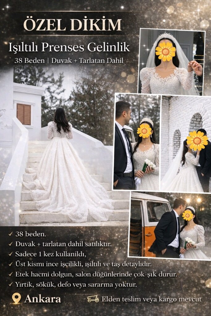Özel Dikim Işıltılı Prenses Gelinlik - 38 Beden (Duvak + Tarlatan Dah - 2