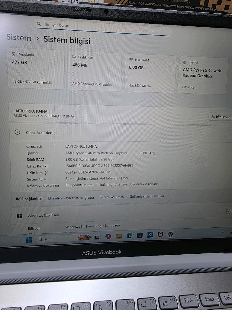 ASUS VİVOBOOK RYZEN5 40 SİFİR 24 AY GARANTİLİ - 9