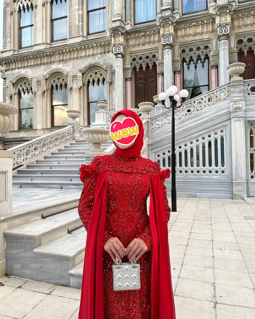 Özel Dikim Kırmızı Taşlı Tesettür Abiye Elbise (Pelerinli/Pelerinsiz) - 10
