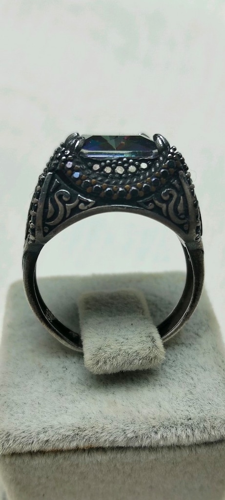 925 Ayar Gümüş Mistik Topaz ve Siyah Zirkon Taşlı Erkek Yüzük 19,7 Gr - 6