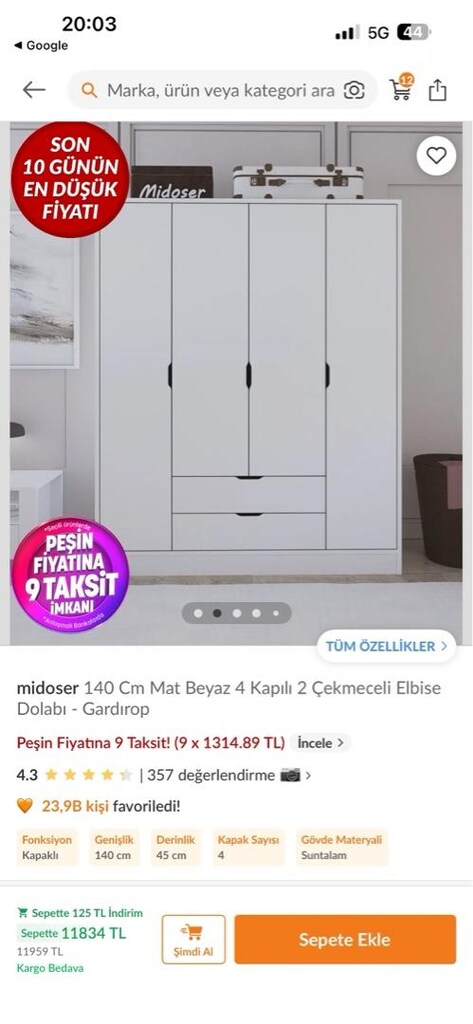 4 kapılı gardrop 140 cm en 182 cm boy - 3