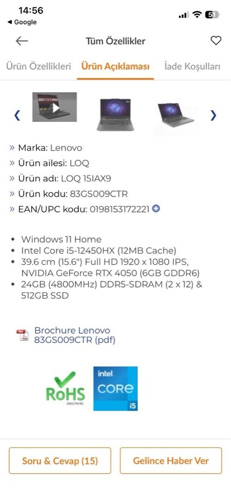 Lenovo LOQ 15IAX9 İ5-12450hx 24 Gb 512 Gb Ssd Nvidia Geforce Rtx 4050 - 9