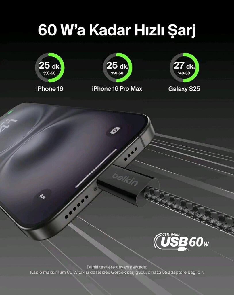 SIFIR BELKIN BOOSTCHARGE 60W 1.5 METRE ÖRGÜLÜ SÜPER HIZLI ŞARJ KABLOSU - 2