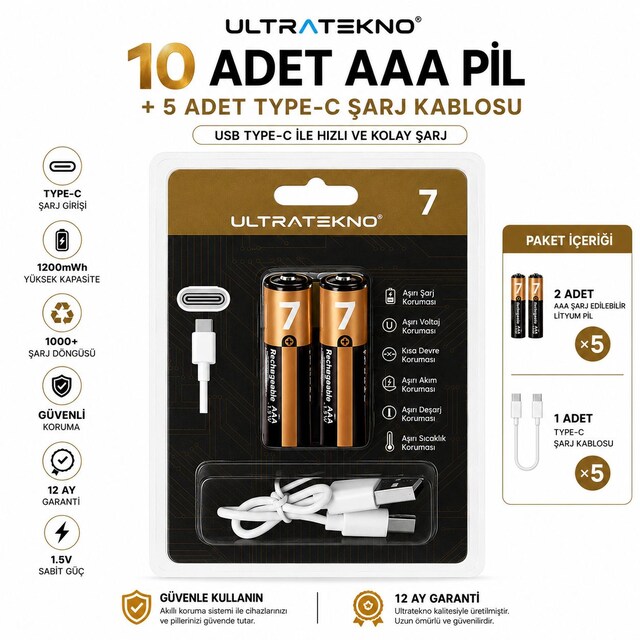 USB Type-C Şarjlı AAA İnce Kalem Pil 1.5V 1200mWh 10 Adet (5 Paket)