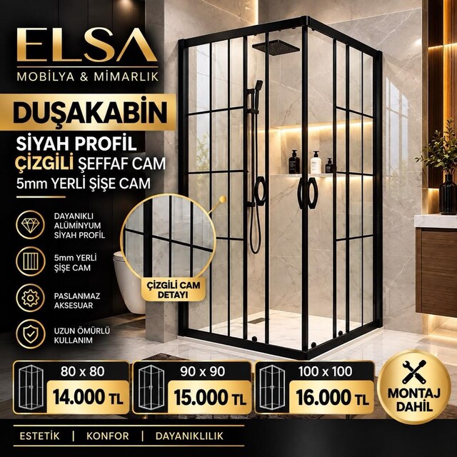 ELSA Siyah Profil Çizgili Şeffaf Cam Duşakabin | 5 mm Cam | Montaj Dah