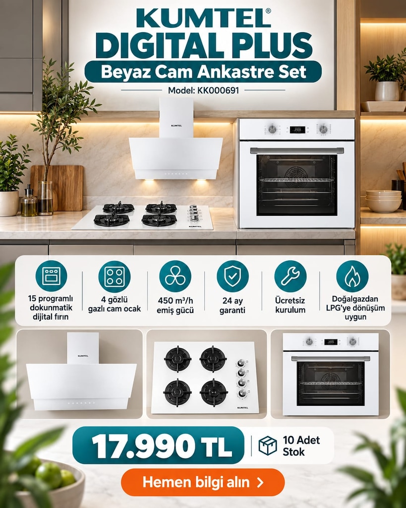 SIFIR 3’LÜ ANKASTRE SET | Fırın + Ocak + Davlumbaz | 3 Renk - 9