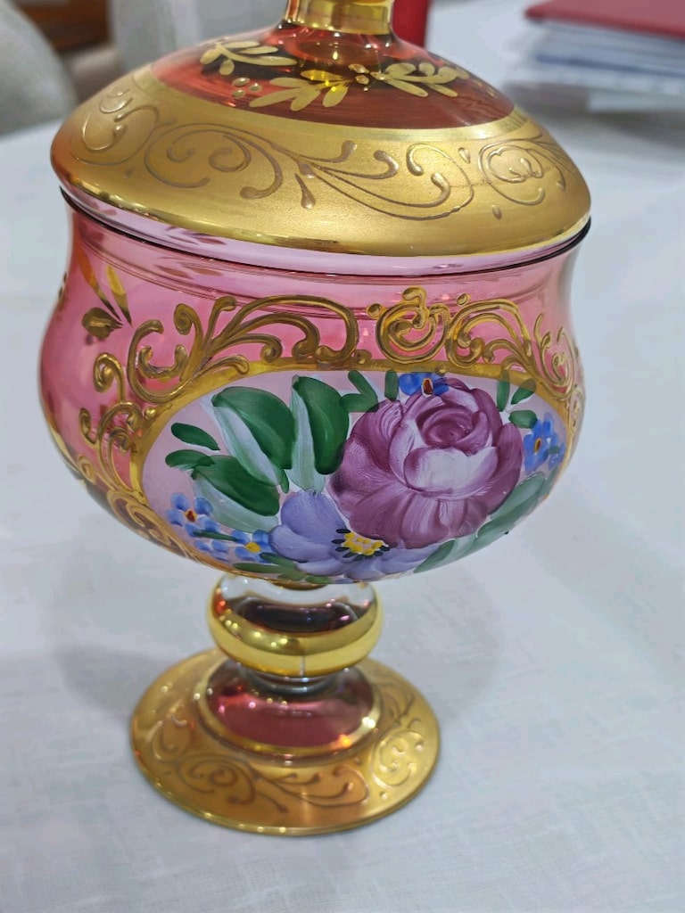 Kusursuz El Boyaması Vintage Bohem Kristal Set Vazo & Şekerlik - 9