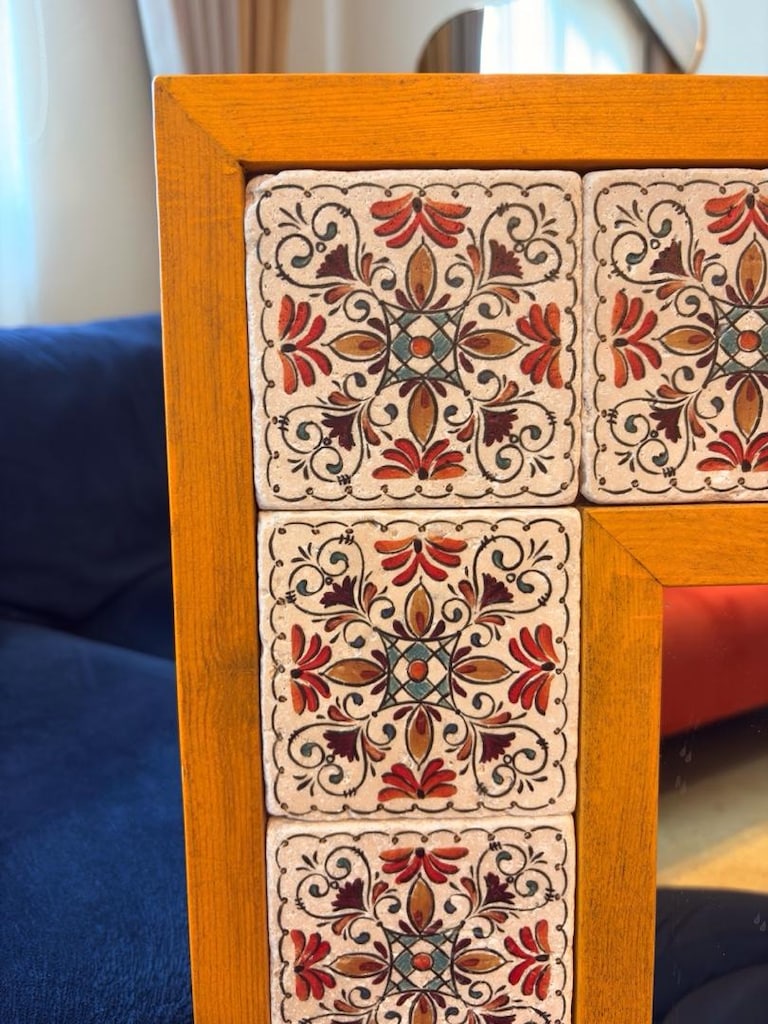 Yellow Vintage Ahşap Çerçeveli Traverten Taşlı Ayna - 6