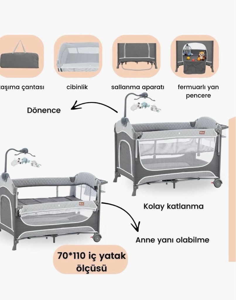 Gulz Atlas Plus Anne Yanı Sallanır Cibinlikli Dönenceli Park Yatak