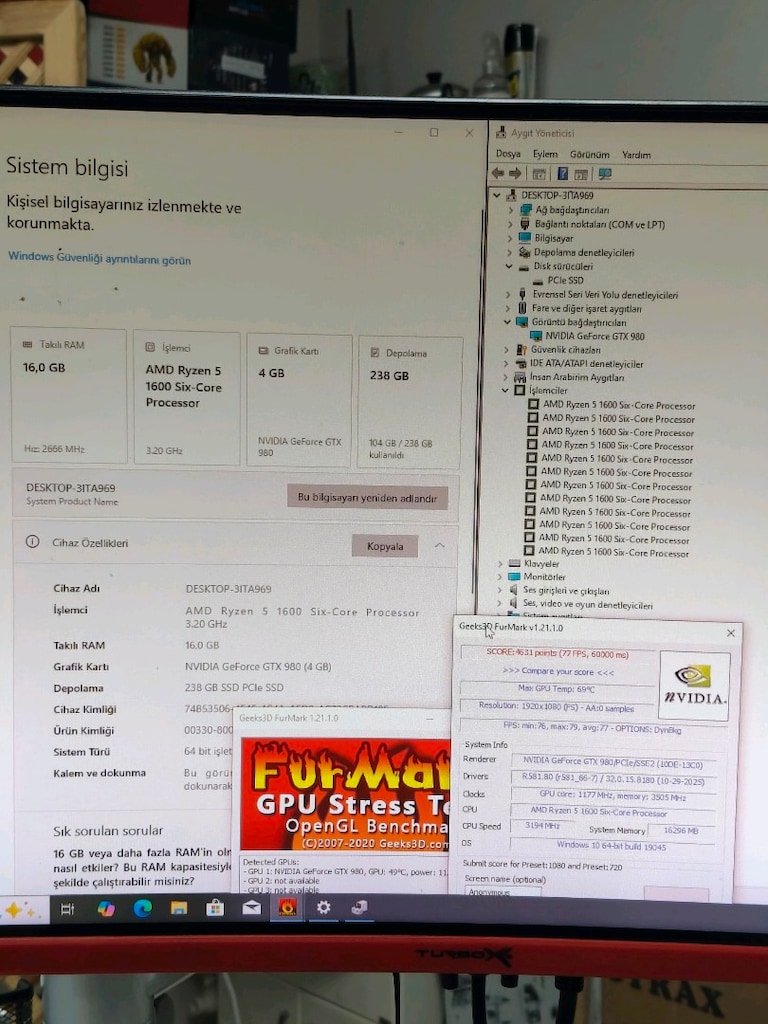 GTX 980 RYZEN 5 1600 16GB RAM 256 M2 SSD 600W OYUNCU KASASI - 8