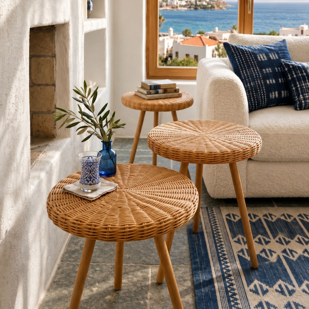 3’lü Rattan Sehpa Seti – El Yapımı, Sıfır - 7