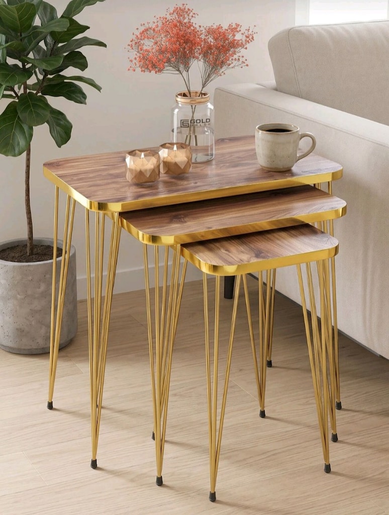 Gold Kare Ceviz Model 3 lü Zigon Sehpa - 4