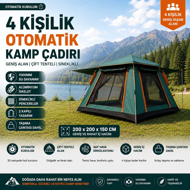 4 Kişilik Otomatik Açılır Kamp Çift Tenteli Sineklikli Çadır