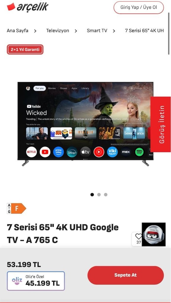FATURALI 65 İNÇ ARÇELİK 7 SERİSİ A765 C TV - 2