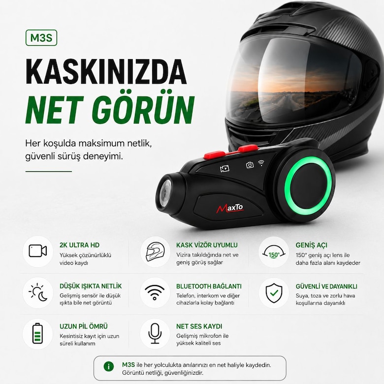 MAXTO M3S 2K Bluetooth Kask Kamerası Intercom Wi-Fi IP67 Su Geçirmez - 12