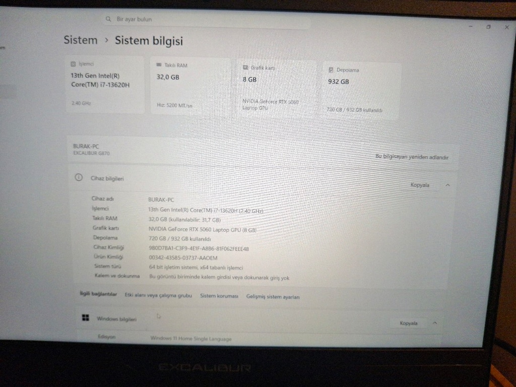 EXCALIBUR G870 RTX 5060 1TB 32 GB RAM 13.NESİL İ7 GARANTİLİ KUTULU - 8