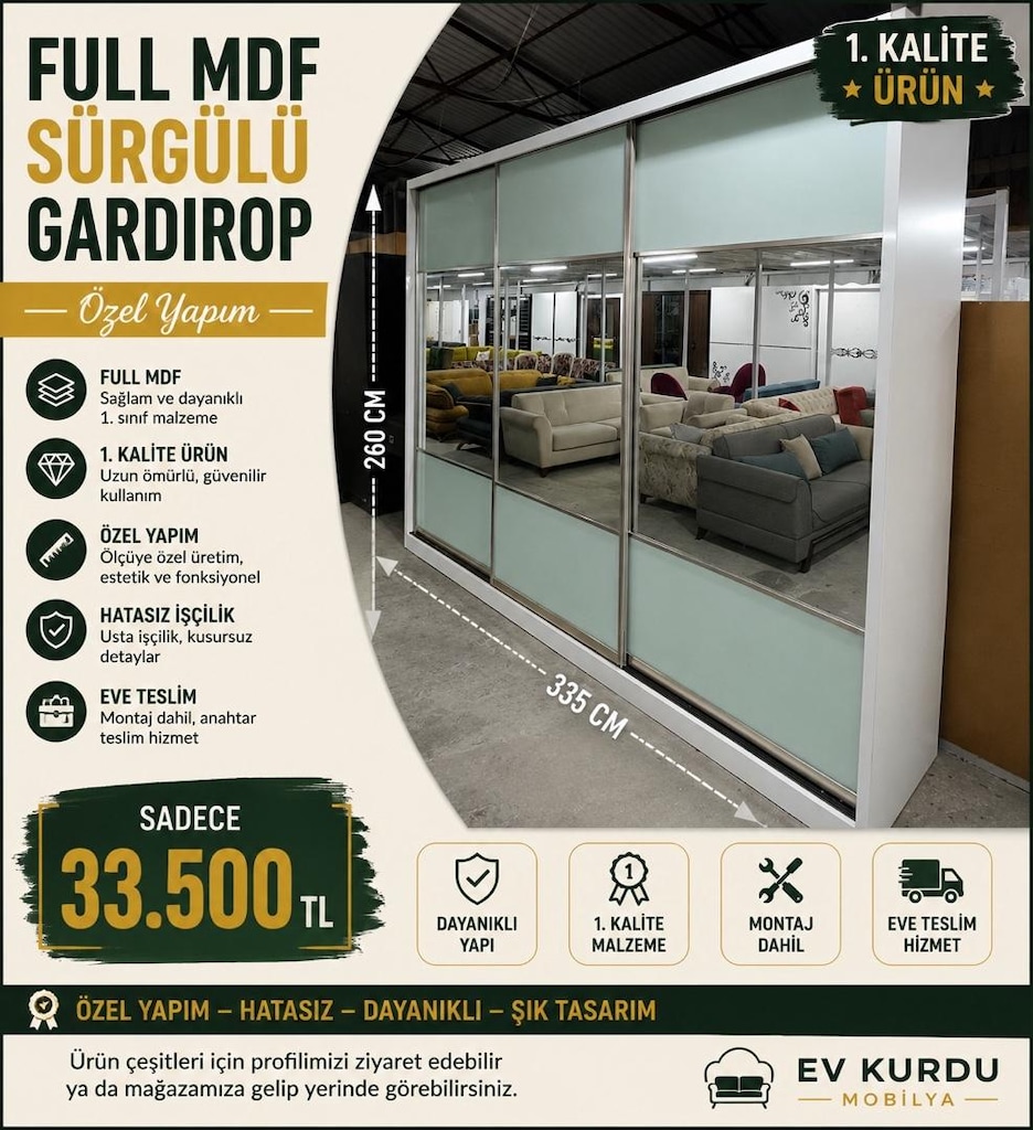 ÖZEL YAPIM SÜRGÜLÜ DOLAP FULL MDF 1. kalite EVE TESLİM MONTAJ DAHİL