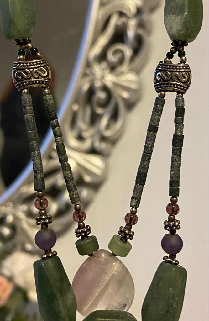 Vintage El Yapımı Yeşim Taşı & Pembe Kuvars Kolye - 3