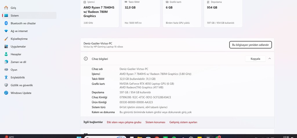 ÖZEL ÜRETİM HP Victus 16, 32gb Ram, RTX 4050, Ryzen 7 7840HS, 1TB - 20
