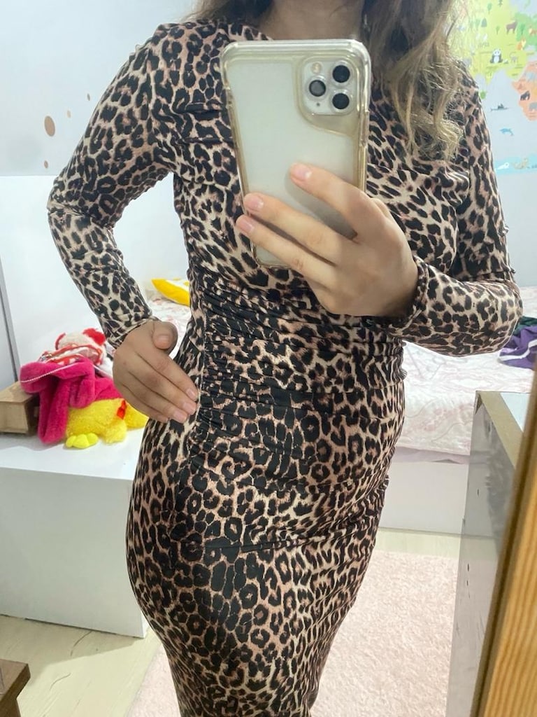 leopar desen büzgülü elbise - 3