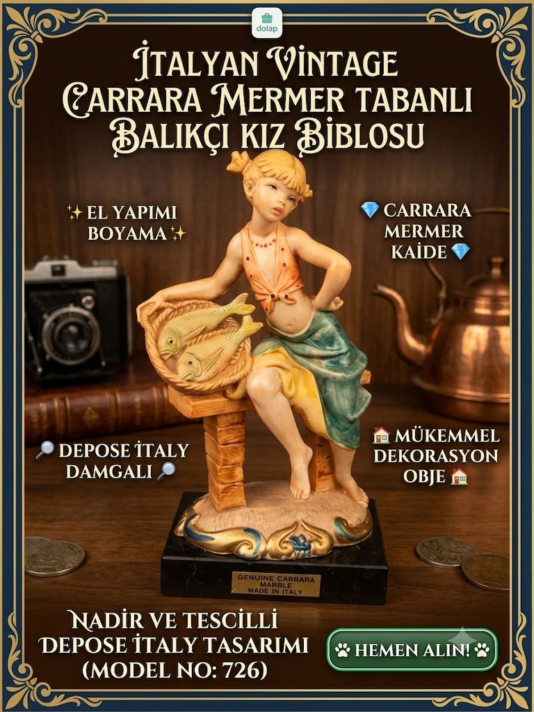 İtalyan Vintage Carrara Mermer Tabanlı Balıkçı Kız Biblosu