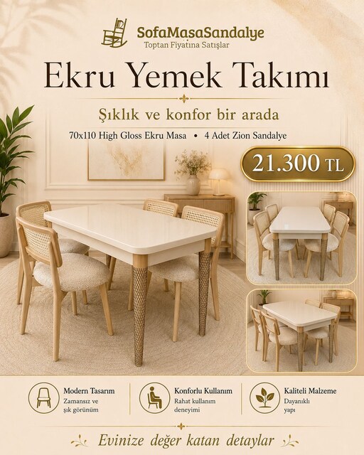70x110 High Gloss Ekru Masa Takımı – 4 Zion Sandalye