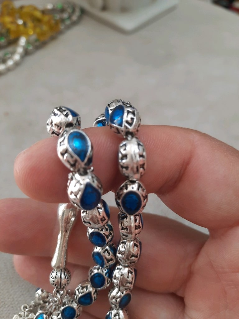 Mavi mineli kafesli gümüş kaplama tesbih - 5