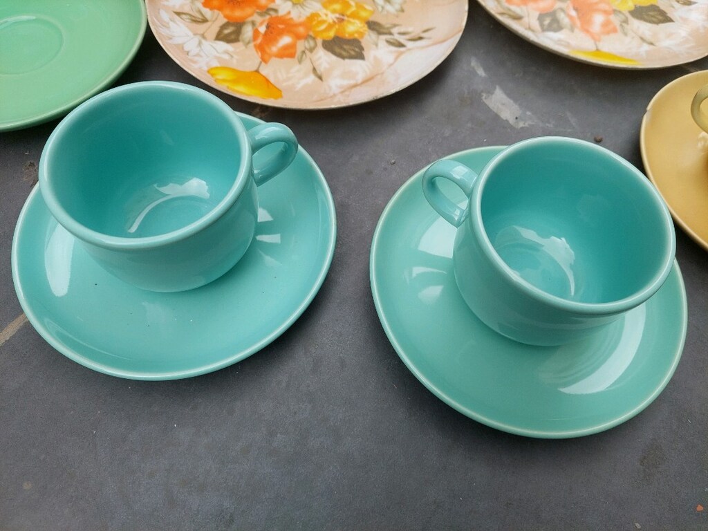 Vintage Güral stoneware porselen fincan. Vintage renk melamin tabak. - 2
