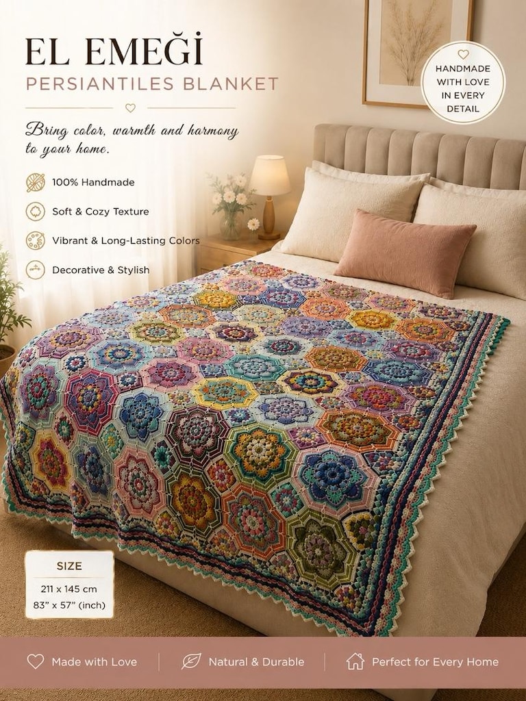 El örgüsü persian tiles model koton ip ile örülmüş battaniye
