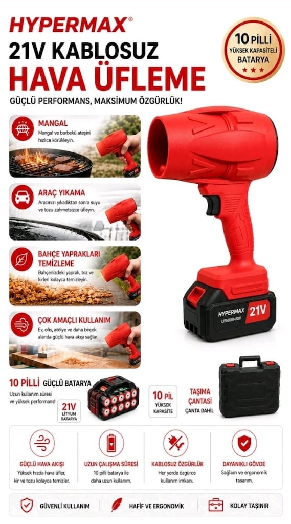 Kablosuz Hava Üfleyici Fan 10 Pilli 12.000 mAh Jet Turbo Motorlu - 2