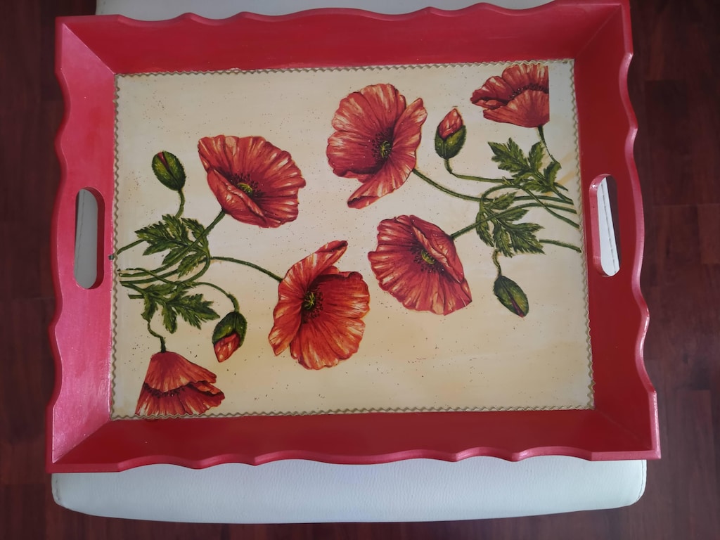 Gelincik Desenli Dekupaj Ahşap Sunum Tepsisi