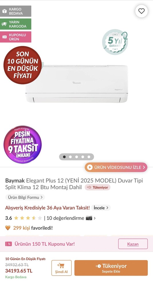 İNDİRİM İNDİRİM BAYMAK ELEGANT ECO 12000 BTU INVERTER KLİMA 29.500 SON - 6