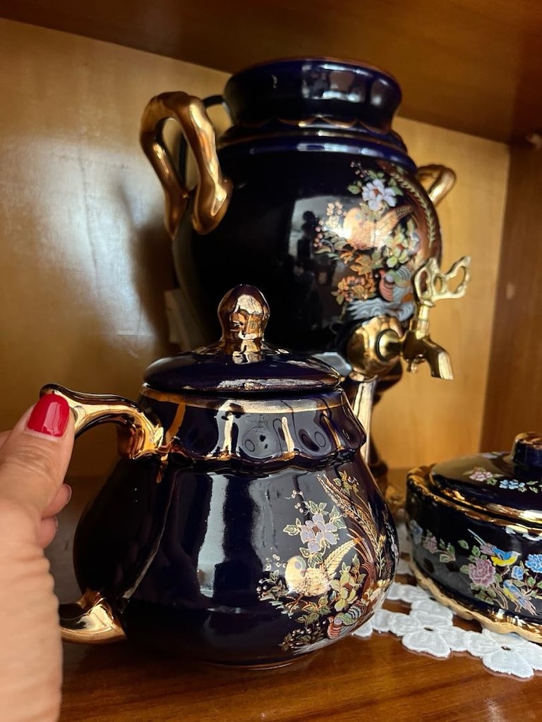 Vintage Lacivert Seramik Semaver Takımı – 3 Parça Dekoratif Nostaljik - 5