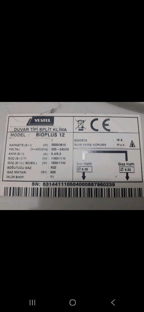 KİLİMA VESTEL.Genel Özellikler:Marka/Model: Vestel Bioplus 12Kapasit - 5