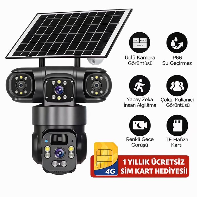 SİM KART HEDİYELİ GÜNEŞ ENERJİ PANELLİ PTZ KAMERA 3'LÜ