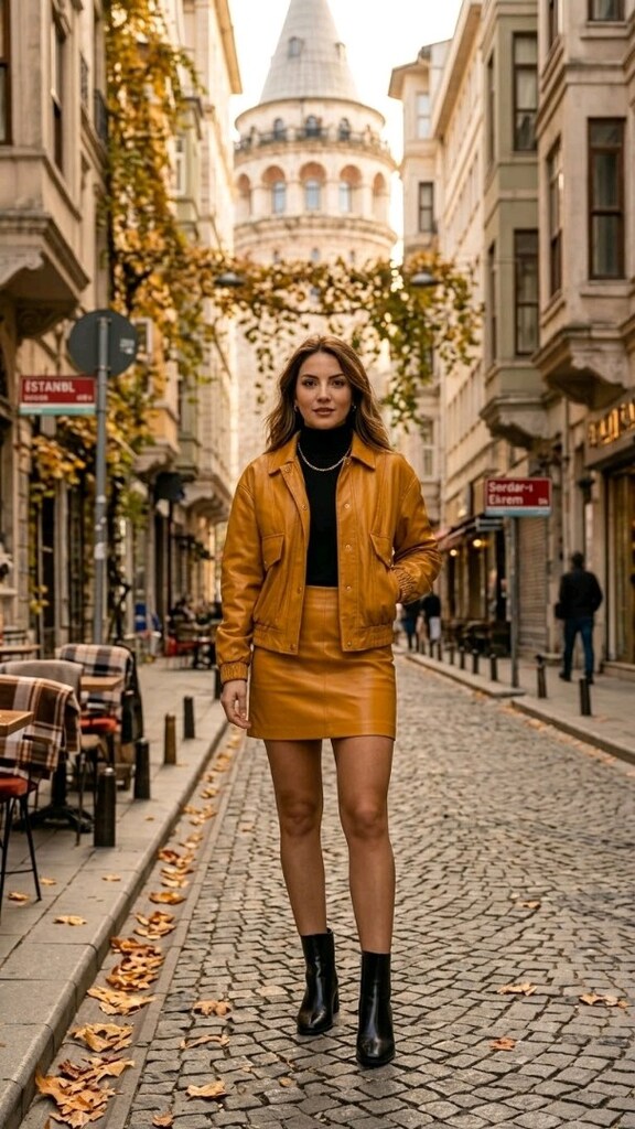 Hardal rengi Deri Ceket & Mini Etek Takımı