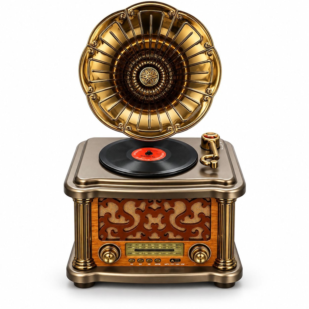 Büyük Boy Retro Gramofon Tasarımlı Bluetooth Hoparlör ve 3 Bant Radyo - 3